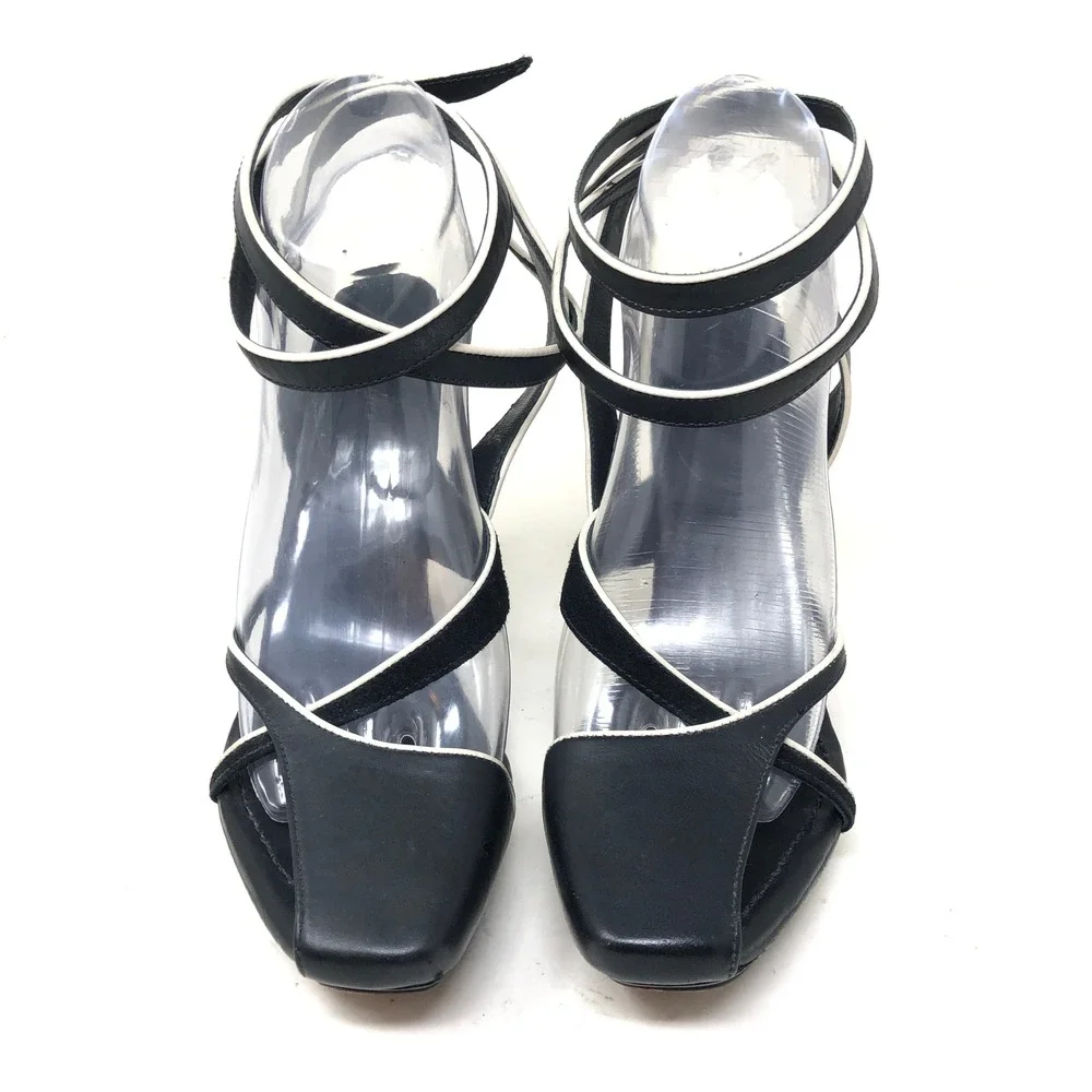 Max Azria Platform Pump Womens 36.5 Imogen Strappy Black White Leather Heel Y2K